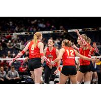 Columbus Fury and outside hitter Megan Courtney-Lush (middle) react after a big point