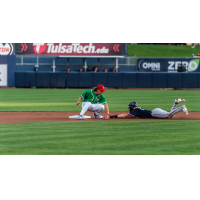 Taylor Young of the Tulsa Drillers applies the tag