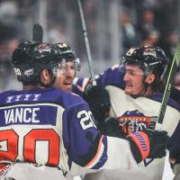 Knoxville Ice Bears celebrate in the first period