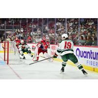 Grand Rapids Griffins' Jack Campbell and Iowa Wild's Caedan Bankier in action