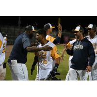 Columbia Fireflies greet Angel Acosta after his walk-off double